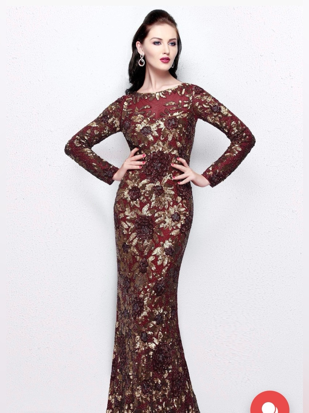 WORN ONCE-Primavera Couture Burgundy and Gold Sequin Long-Sleeve Gown